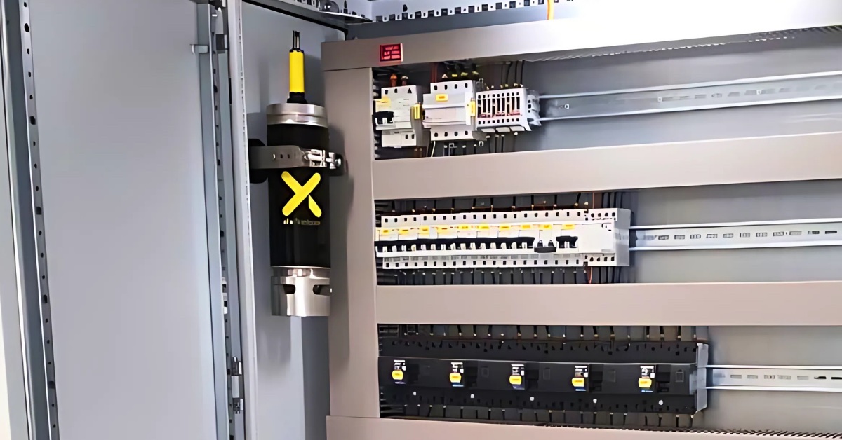 Generador AF-X Fireblocker instalado dentro de un tablero eléctrico, junto a los interruptores